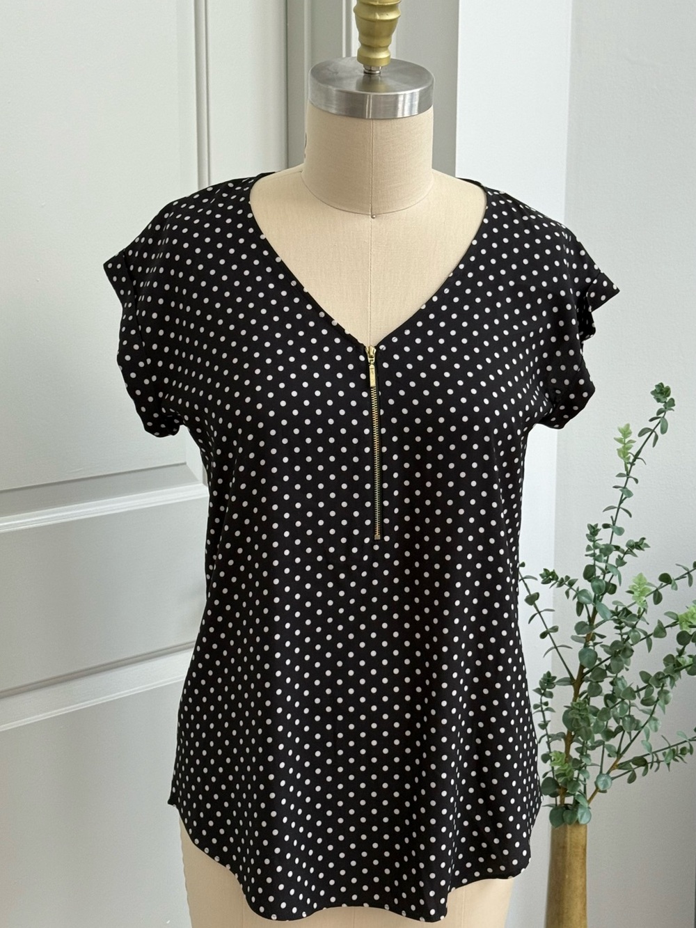 Black Polka Dot Zip-Front V-Neck Top